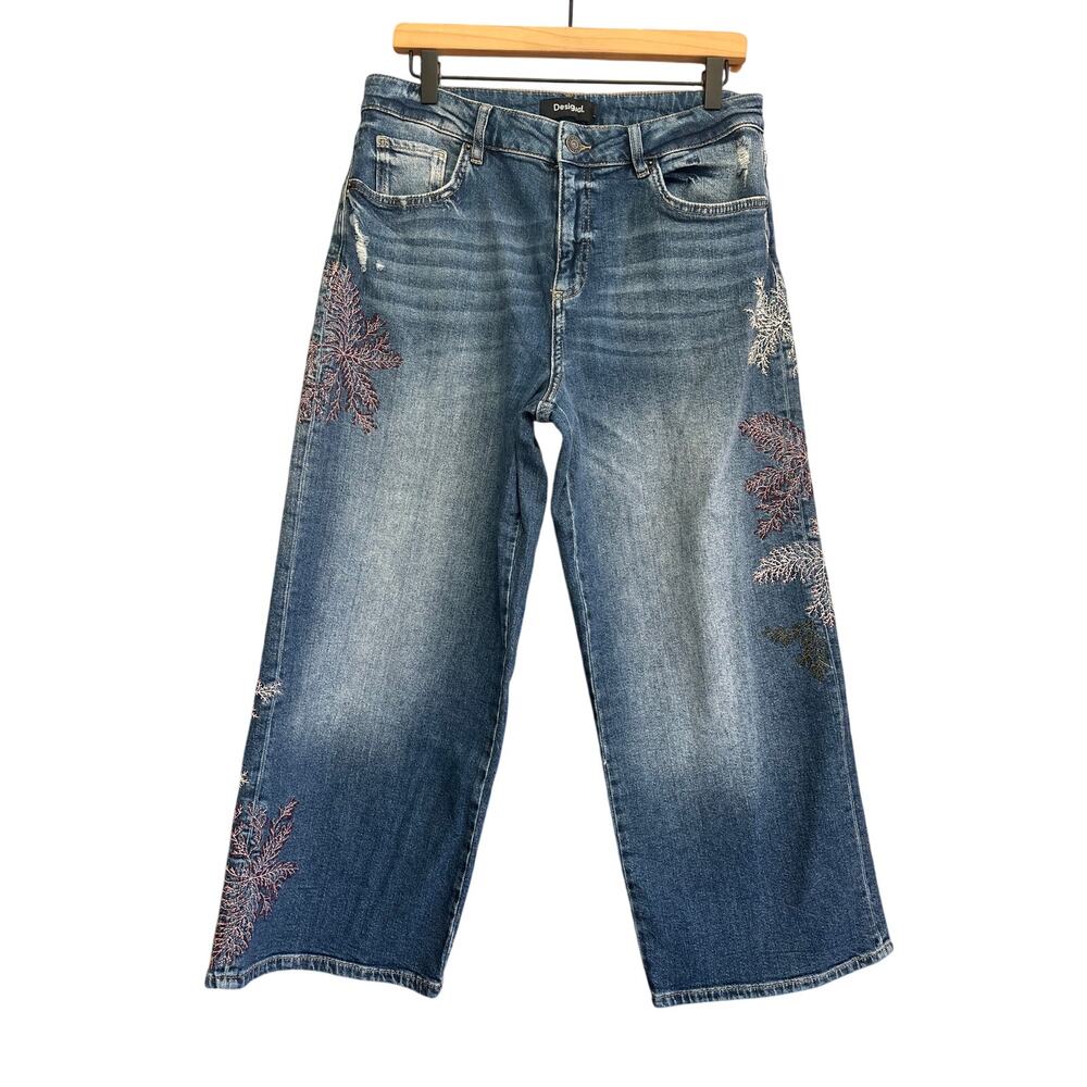 Desigual Leaf Embroidered Crop Wide Leg Jeans
